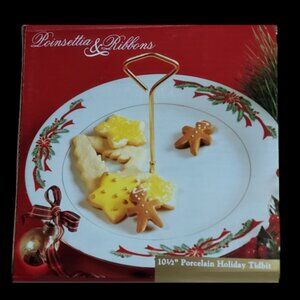 VINTAGE POINSETTIA & RIBBONS 10.5" HOLIDAY TIDBIT PLATE NWT